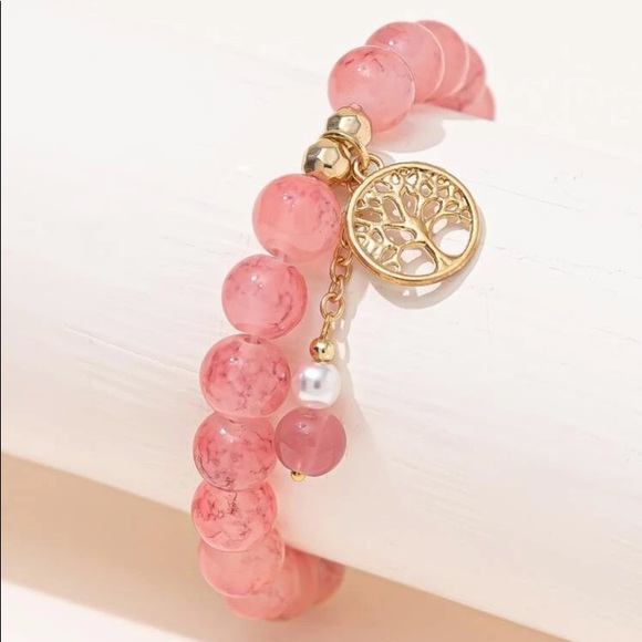 Pink Tree Charm Beaded Bracelet Stretch - Picture 1 of 6